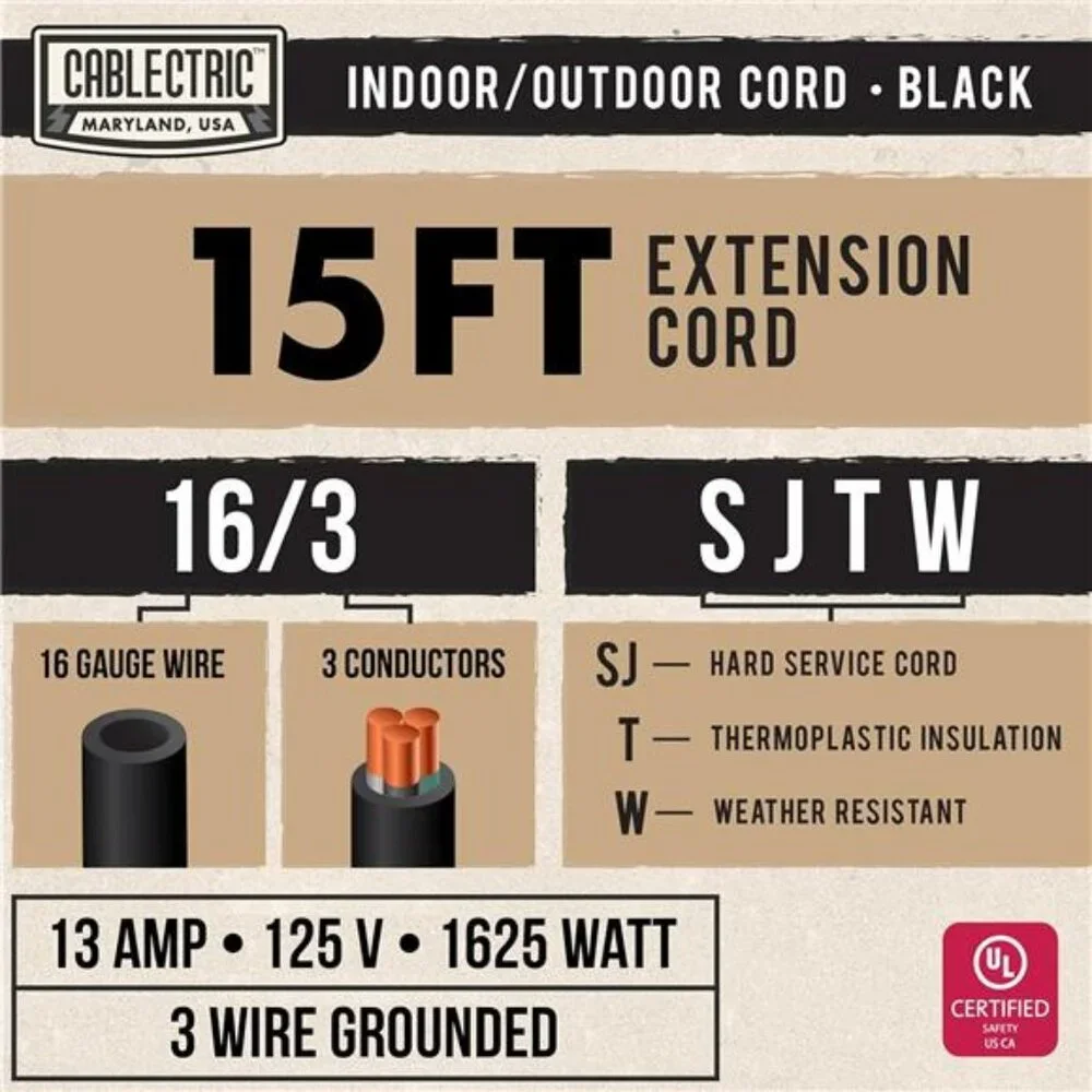 3 Pack Weatherproof Black Extension Cord 15 ft, 16/3 SJTW 15 Foot Outdoor